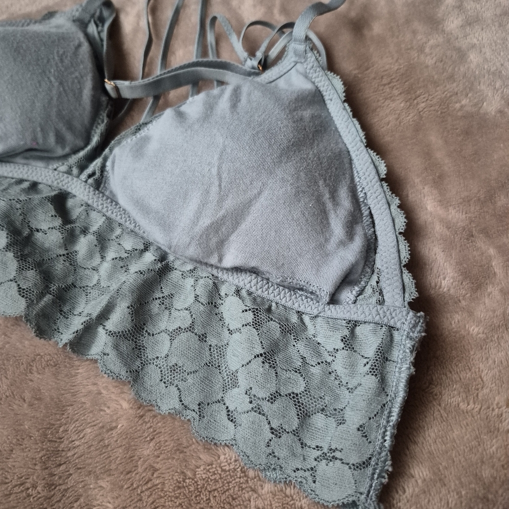 Aerie Lace Bralette in Light Blue Gray Cross Straps Size Small - Picture 9 of 11